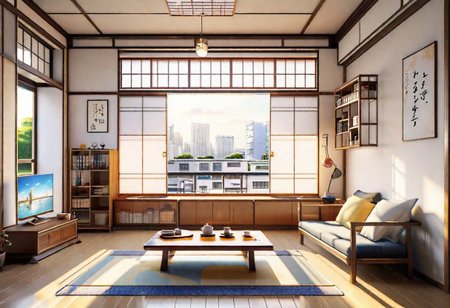 ((front view)), ((Japanese animation style)), modern-style interior, with white walls, (large windows), Nordic-style furniture, a  study, Sofa, coffee table, bookcase, single wall, 
warm light morning sun, (the view of the city)