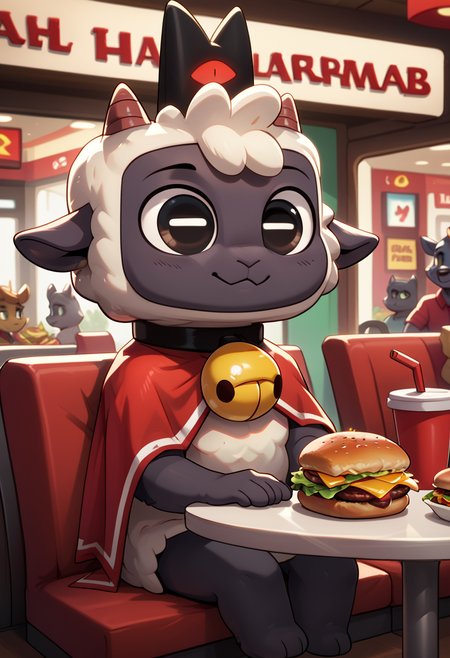 score_9, score_8_up, score_8,  <lora:Lamb_Cult_of_The_Lamb_for_PonyXL:0.8>  furry, l4mb, lamb, horns, neck bell, cape, in restaurant, sitting, at table, hamburger, solo