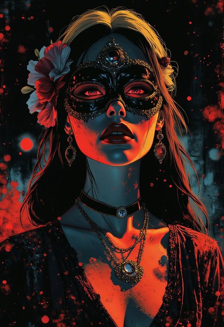 abstract photorealistic ink image in red, black and blue, oriental woman at a masquerade ball, long dark hair with blonde highlights, jewelled earrings, necklaces, sequinned robes, wearing an elaborate masquerade mask, directional lighting illuminating her from one side