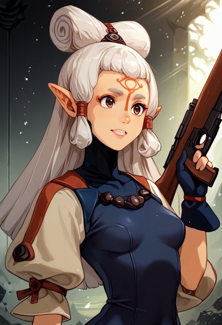 score_9, score_8_up, score_7_up, score_6_up, score_5_up, score_4_up, source_anime, , (best quality) , (highly detailed) , (best quality) , (highly detailed) ,((masterpiece)), ((best quality)), (ultra-detailed), ((extremely detailed)), (high resolution), 4K, (8K), best quality, (beautiful), (dynamic lighting), (super detailed skin), sharp focus, (1_girl, solo focus), masterpiece ,absurdres ,detailed face ,beautiful face , bowpaya, paya, elf ears, pointy ears, White hair, pointy ears, brown eyes, forehead mark light rays, (light particles),  hiroya_oku_gantz_style, 1girl, solo, weapon,beret, ,holding spear , skin tight, black bodysuit, shotgun, gloves, boots, (portrait, upper body), OverallDetail,
,(((feminine bodies))),(((perfect anatomy))), (((correct arms))), (((correct hands)))
