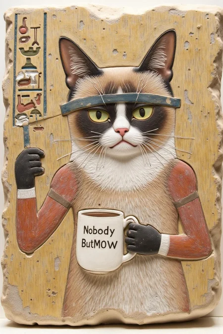 egyptian bas relief.
Grumpy Cat holding a coffee mug, wearing a VR Headset. The mug has the phrase "NobodyButMeow" printed.  <lora:egypt1_cap_d6a3:1.0><lora:829958419705327830:0>