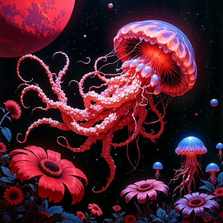eldritch and otherworldly scenery on a distant planet, very aesthetic, extremely detailed, masterwork, golden ratio, famous artwork inspired by ori and the blind forest and michael parkes, among the vibrant globbershmoggled flora of planet "new flimflam", the brightly luminescent, jellyfish-like "panicky beldslad" with tendrils of glowing rofflegobler drifts slowly through the air, emitting strange flinchtorbling cosmic energy light that seems to karbel across the multiverse, a creature with symmetrical anatomy, perfect proportions, detailed expressive eyes, dappled lighting, the color palette is predominantly wine red and obsidian black and eggshell white and peacock blue, ovg, style of rembrandt, <lora:style-oil_painting-flux-by_leporello:0.24> <lora:style-rembrandt-flux-by_tangbohu:0.6> <lora:style-fantastic_landscapes-flux-by_artifyai:0.36>