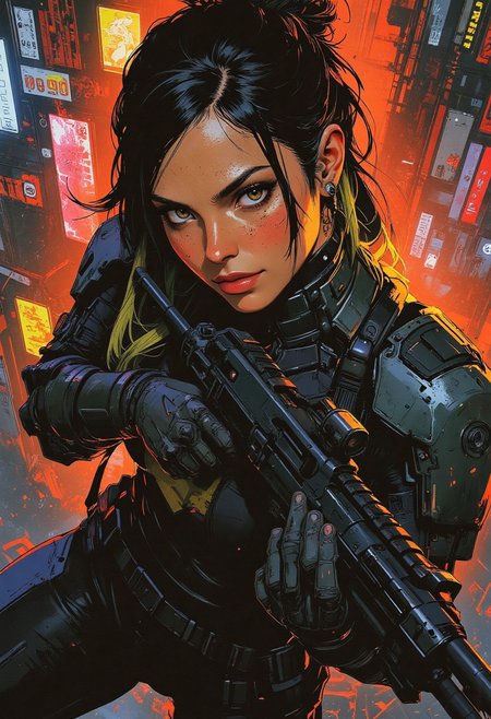magnificent, closeup portrait, female bounty hunter, braided black hair, two tone hair, blonde highlights in hair, futuristic armor, sci-fi, sleek armored bodysuit, shoulder plates, hip plates, sexy, curvy, large breasts, large ass, rifle, aiming rifle, pointing rifle, Cyberpunk City, Neon Lights, foreshortening, neck tattoo, large breasts,
looking at viewer, solo, smirk, cocky smirk, godrays, raytracing, 
Cowboy Shot, close up, from above,
