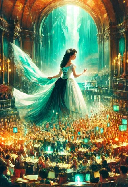 double exposure of opera diva Hatsune Miku with long floating twintails singing high note merging with a printed circuit, full of details, positive emotional, masterpiece, fairytale, <lora:DoubleExposure:1>, (head, Hatsune Miku singing high note, aqua hair, twintails:2), (portrait, close up:1.6), <lora:The Phantom of the Opera style:1.5> The Phantom of the Opera style, <lora:loraeyesxl:0.4>