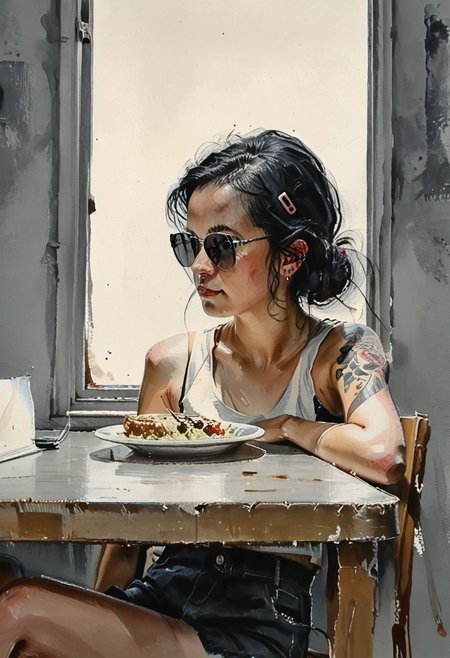 woman in 1950 outfit , score_9, score_8_up, score_7_up, young house wife, 30 year old , 1950s style , young woman, sunglasses,  dinner on the table, black hair,( black round sunglasses:1.1), white tank top, black bra, pink straps, pink hair clip, tattoos on arms, (arms under the table), tight black shorts, leather shorts, painting study by Norman Rockwell score_9, score_8_up, score_7_up, score_6_up, score_5_up, score_4_up,
BREAK, pencil drawing, charcoal sketch, black-and-white, detailed, expressive, high-contrast shading, textured strokes, soft gradients, 