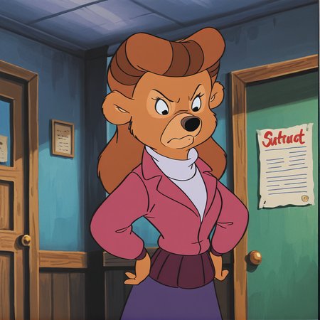 rebecca cunningham , 1girl, solo, skirt, jacket, frown, furry, hands on hips, bear girl, brown fur, brown hair, body fur, furry girl,  (masterpiece), (best quality), (ultra-detailed), amazing quality, very aesthetic, illustration, perfect composition, intricate details, absurdres, incredibly absurdres,  indoors,  <lora:rebecca_cunningham_illustrious:1>, black eyes, retro artstyle,