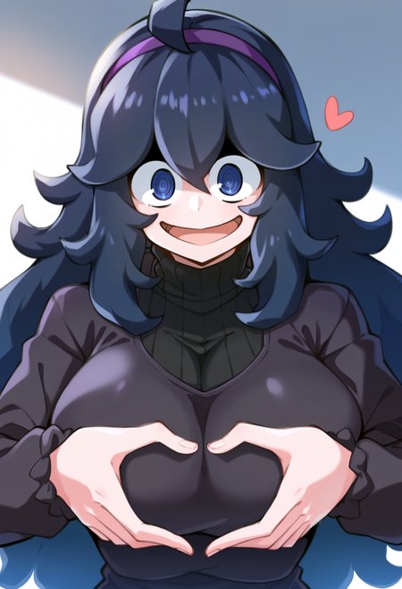 score_9, score_8_up, score_7_up, score_6_up, score_5_up, score_4_up,
gradient background,
refraction, caustics, rim lights, backlighting, bloom,
BREAK
source_anime, day, indoors, sky, sunlight, sunbeam, 
BREAK
hex maniac \(pokemon\), 1girl, @ @, ahoge, hairband, heart, heart hands, large breasts, long sleeves, looking at viewer, open mouth, purple eyes, purple hair, purple hairband, ribbed sweater, smile, solo, sweater, upper body, long hair, bangs, blue eyes, black hair, dress, hair between eyes, turtleneck, messy hair, 
<lora:Toudori-v1-PDXL:1>
