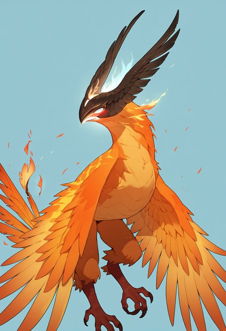 score_9, score_8_up, score_7_up, score_6_up, score_5_up, score_4_up, 1girl, <lora:PhoenixDota2:0.85> no humans, wings, bird, fire, glowing, standing, upper body, feral, blush, talons, tail feather, 
light blue background,