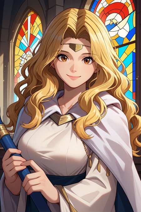 score_9, score_8_up, score_7_up, score_6_up, source_anime, 1girl, solo, <lora:feedain-pdxl-nvwls-v1-000005:1> fe4edn, blonde hair, wavy hair, long hair, brown eyes, circlet, white dress, long sleeves, cape, big breasts, indoors, stained glass, upper body, portrait, looking at you, smile, holding staff, happy, closed mouth