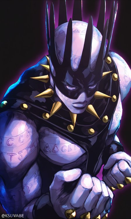 masterpiece, best quality,
from above, upper body,
artist:ksuwabe,
white_snake\(jojo_stone_ocean\), 1man, solo, clenched hands,
mask, crown, spiked collar,
tattoo, wristband,
purple skin, glowing outline, purple outline,
black background,
 <lora:JOJO_WhiteSnake_iXL-000019:0.9>