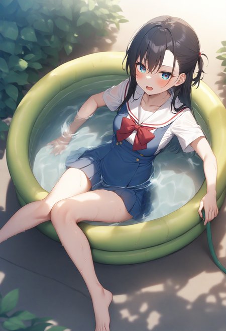 1girl,sincos, ningen mame, toosaka asagi,solo,medium breasts,school uniform,
wading pool,partially submerged,water,wet,outdoors, hose,barefoot, day,lying,<lora:wadingpool_XL_v1:0.8>
from above, cinematic angle, looking at viewer, black hair, white eyes,expressionless, open mouth, half updo hair,,
best quality, very aesthetic, absurdres