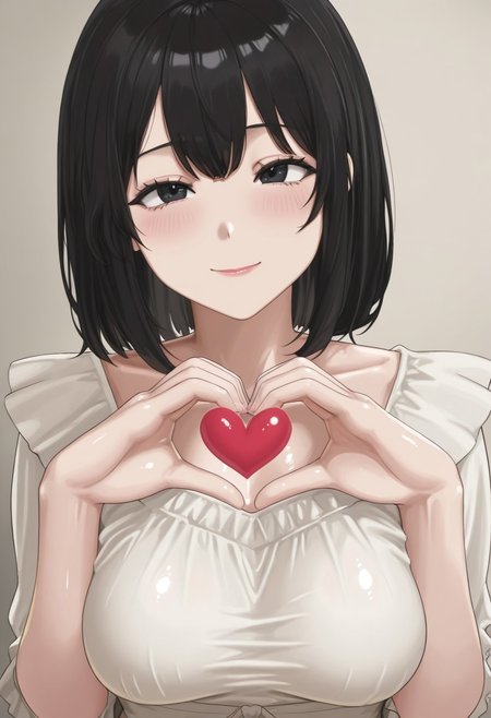 megaone,    1girl, solo, medium build, medium hair, sfw, safe for work,  flowy dress,  black eyes, purple lipgloss, smiling, portrait, upper body, heart hands, mature female, foreshortening, detailed, newest, shiny skin, cowboy angle, solo focus, medium breasts,