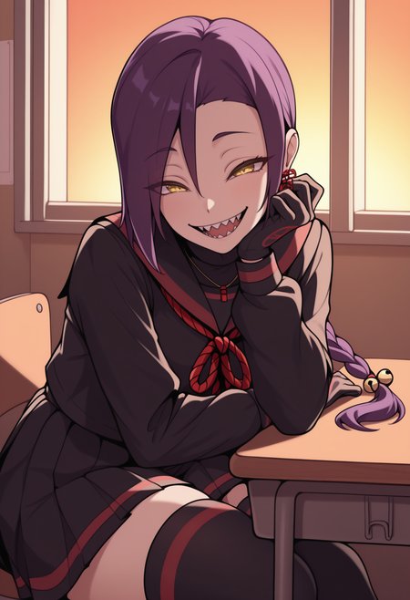 masterpiece, best quality, solo, 1girl, chkjn, sharp teeth, smile, open mouth, looking at viewer, sitting, on chair, head rest, purple hair, single braid, hair bell, yellow eyes, school uniform, black serafuku, black shirt, black sailor collar, red rope, long sleeves, black gloves, black skirt, pleated skirt, black thighhighs, earrings, necklace, indoors, sunset, classroom, table, sidelighting
<segment:yolo-Anzhc Face seg 640 v2 y8n.pt,0.4,0.5//cid=1>