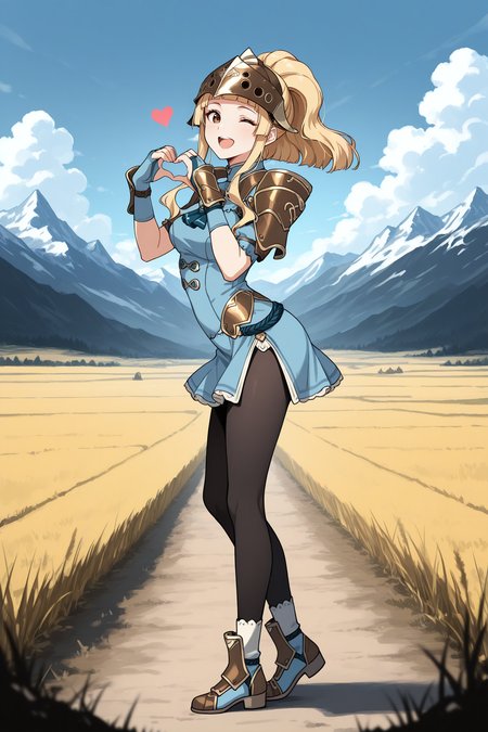 masterpiece, best quality, 1girl, solo <lora:feclair-illu-nvwls-v1-000005:1> cl4ir, high ponytail, blonde hair, sidelocks, blunt bangs, brown eyes, helmet, light blue dress, short dress, short sleeves, shoulder armor, blue ascot, bridal gauntlets, light blue gloves, black pantyhose, boots, standing, full body, field, mountains, blue sky, clouds, heart hands, happy, open mouth, looking at viewer, wink, from side, arched back