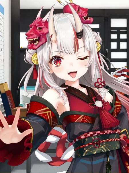 detailed background, shiny skin, posing, rating safe,
<lora:ayame.pony:1>,
ayame,
one eye closed, tongue, 
office,