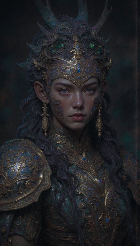 GLOW,intricate tetradic colors in every details,FLUORESCENT,asian woman, A female elf with cerulean eyes and cascading, raven hair streaked with violet stands in partial profile.  Capture her with a hint of tenebrism, emphasizing the play of light on her ornate, verdigris armor and the delicate filigree of her earrings. Her expression should be a study in stoic vigilance, a hint of the travails of a life lived on the precipice of adventure lingering in her gaze.