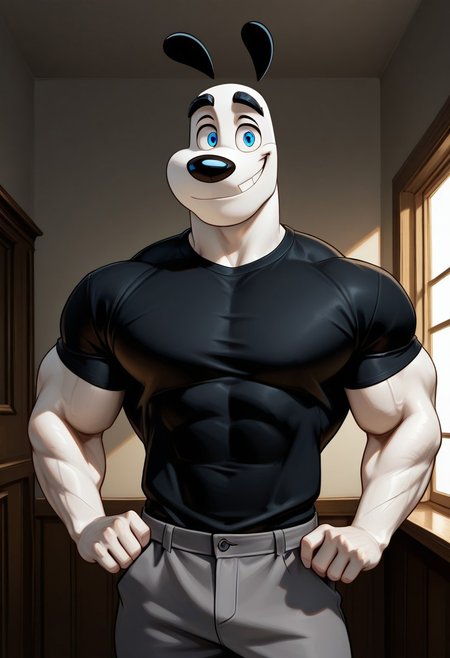 Masterpiece, best quality, high quality, detailed, DudleyPuppy, male, solo male, 1boy, broad shoulders, mature male, blue eyes, athletic build, muscular male, black ears, black eyebrows, animal ears, white body, big eyebrows, black shirt, round snout, half body, gray pants, indoors, looking at viewer, smiling