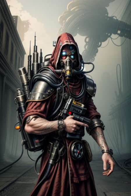 ((masterpiece,best quality)), absurdres, BREAK
mechanical arms, robes, hood, BREAK
((techpriest)), cyborg, mechanical face, mechanical limbs, gas mask, mechanical tentacles, (mechanical backpack), BREAK
1other, solo, holding pistol, firearm, handgun, pistol, gun, BREAK
factory background, smoggy sky, air pollution, smokestacks, BREAK
(internet horror face)