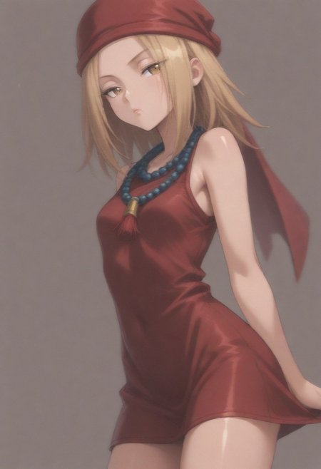masterpiece, best quality, amazing quality,,, shiny skin,,,,,kojiann, short hair, blonde hair, brown eyes, short dress, sleeveless, bead necklace, red bandana, bracelet, <lora:Anna IXL 2-000013:1>