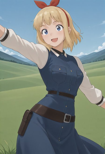 phoebe_oakley, blue eyes, blonde hair, short hair, red hairband, red bow, white shirt, blue dress, long sleeves, belt, <lora:phoebe_oakley_illustrious_ver2:0.8> 
smile, open mouth,, masterpiece, best quality, sensitive,, 1girl, solo, blue sky, (grasslands:1.2), looking at viewer,, (cowboy shot, dynamic pose:1.4),