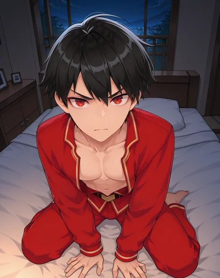 masterpiece,best quality,amazing quality, newest, very aesthetic, absurdres,
1boy, solo, yaoi, male focus, looking at viewer, full body, face focus, lying, on bed,
<lora:Solace_Young_ilxl:1>  solaceyoung, black hair, red eyes, short hair,v-shaped eyebrows,
pajamas, open clothes,
indoors, night, dark room, bedroom,