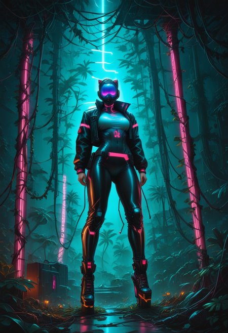 Ultra modern Asian jungle fortress, cyberpunk style, with cyber men and hackers:
Physical characteristics of the fortress:
Massive walls of reinforced metal and glass, with neon lights highlighting the contours.
Grand arches and domes decorated with intricate Asian ornaments and LED lighting in bright neon colors.
Black metal entrance gates with high-tech neon-lit symbols.
Towers with light panels and holographic displays showing information and visualizations.
Background and Environment:
A jungle illuminated by bright neon lighting creating a contrast between the vegetation and the modern architecture.
Tall trees with neon vines and technological facilities integrated into the natural environment.
Sky with stars and neon lights from drones and flying vehicles.
Cyber ​​Men and Hackers:
Cybermen: High-tech suits with glowing stripes and LED lighting, masks or goggles with neon lighting, built-in interfaces and gadgets.
Hackers: Leather jackets, cybernetic implants, light accessories, portable computers and holographic displays.
Atmosphere:
Bright neon lighting effects highlighting the details of the fortress and creating a futuristic atmosphere.
Neon colors reflected in the jungle creating a contrast between modern and traditional.
Dramatic moonlight or special lighting for depth and realism