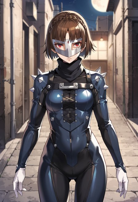 score_9, score_8_up, source_anime
1 girl, solo,
p5makoto, niijima makoto, brown hair, blunt bangs, crown braid, red eyes,
p5makoto-queen, bodysuit, black bodysuit, navy blue bodysuit, spikes, shoulder spikes, white gloves, scarf, black scarf, mask, biker clothes, mask,
outside, cowboy shot, dark, alley, street, streetlight, shadows, full moon, starlight, dramatic pose, fists,
masterpiece, best quality, ultra detailed,