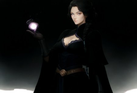 fantasy class, sorcerer, half elf, 22 year old woman, (magic the gathering artwork, by Magali Villeneuve:1.5), pointed ears, (braided hair, long hair, black hair), blue eyes, serious, slight smile, pale skin, elegant dress, black dress, dark purple corset, covered shoulders, bare arms, elbow gloves, lace gloves, black gloves, tall boots, full body visible, shrug clothing, adventuring outfit, pants, belt around hips, vambraces with metal studs
