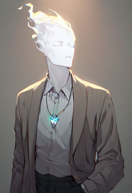 (((beautiful, high quality))), upper Body, score_9, score_8_up, score_7_up, 
FireHuman, white fire, empty eyes, 1male, white skin, white eyes, dark grey jumper, pendant, black pants,
looking at the viewer, posing, blurred background,