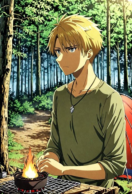 high resolution, solo, best quality, 1Boy, Yamato Ishida, Blond Hair, Necklace, forest, camping, OverallDetail