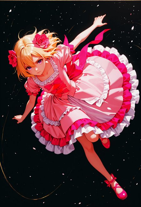 <lora:Jill Savelle:0.9>, CDE_JE,purple eyes,medium hair,blonde hair,hair between eyes, hair flower,pink flower,pink bow,pink dress,puffy sleeves,pink footwear,mary jane shoes, 
general, dutch angle, oblique view, dynamic pose, 
masterpiece, best quality, absurdres, highres, very aesthetic, high quality, detailed, insanely detailed, beautiful, high saturation, high contrast, 
(photo background:0.3), depth of field, 
<lora:noobai_vpred_1_masterpieces_v1:1>, very awa, 
<lora:noob1.1-lineart_adjust1-mki:-0.5>, 
<lora:IllustriousTweakerLora_v4-detail_1457119:0.8>, <lora:LECO_StickClotch:1.5>, <lora:LECO_Particles:1>,