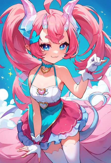 score_9, score_8_up, score_7_up, colorful, masterpiece, perfect face, post processing, slender thighs, skinny, petite
bedroom background, daytime, looking at viewer, 
Cute pose, dancing, 
smug face, (pastel colors), 
(chibidokidef, light pink hair, bow, thick eyebrows, horns, gloves, tail, pink skirt, white thighhighs, choker, light blue eyes),
1 girl, solo, Expressiveh, AissistV2