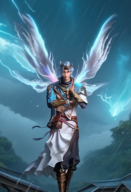 (Masterpiece:1.4), (best quality:1.2), (perfect anatomy), (perfect hands), (perfect face),1boy, solo, full body, LanGe, LanGe_silver-blue-hair, LanGe_long-medium-wavy-hair, LanGe_dark-eyebrows,  LanGe_gray-eyes, LanGe_asian-shaped-eyes, glowing eyes, ((LanGe_prince-crown, LanGe_white-royal-mantle, LanGe_golden-royal-mantle-brooch)), black_gloves, beaded bracelet, backlit character, looking at viewer, smiling, closed mouth, half smile, thin waist, large chest, prominent pecs,  BREAK,
floating, floating in the air, LanGe_wind-blue-wings, flying, floating, floating in the air, night, nighttime, raining, heavy rain, light rays, light circle behind the character, low light, dark, blue fire wisp, extreme detail, detailed scenery, detailed background,
