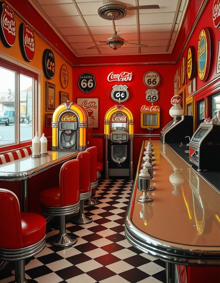 A classic 1950s American diner with a nostalgic retro atmosphere. The interior features red and white leather booth seating, chrome-trimmed tables, and a long counter with matching red barstools. A vintage jukebox with colorful neon lights stands against the wall, ready to play rock 'n' roll hits. The checkered black-and-white floor contrasts with pastel-colored walls adorned with Coca-Cola signs, Route 66 memorabilia, and classic diner menus. A row of shiny chrome napkin dispensers and glass salt and pepper shakers sit neatly on the tables. A milkshake machine and an old-fashioned soda fountain rest behind the counter, next to a vintage cash register. Large windows let in soft daylight, reflecting off the gleaming surfaces, creating a warm and inviting retro ambiance.
<lora:SDXLFaeTastic2400:0.4> <lora:extremely_detailed:0.4> extremely detailed,1950s American d1n3r, <lora:1950s_American_d1n3r-i:1>, Masterpiece,best quality,hi res,8k,hi res,8k,award winning,(sharp focus, intricate, highly detailed),