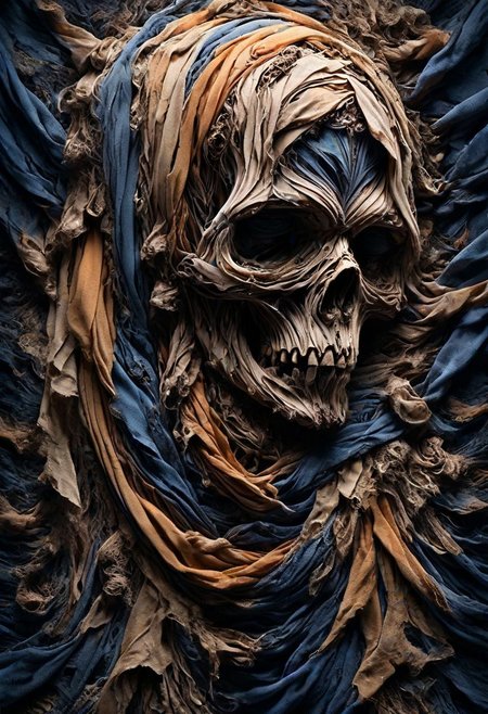 RAW closeup photo, vanishing skull, macro shot,( dark blue, orange, gold scarf), masterpiece, colorful details, award winning, high detailed, 8k, natural lighting, analog film, detailed skin, amazing composition, intricate details, subsurface scattering, vellus hairs, amazing textures, soft light