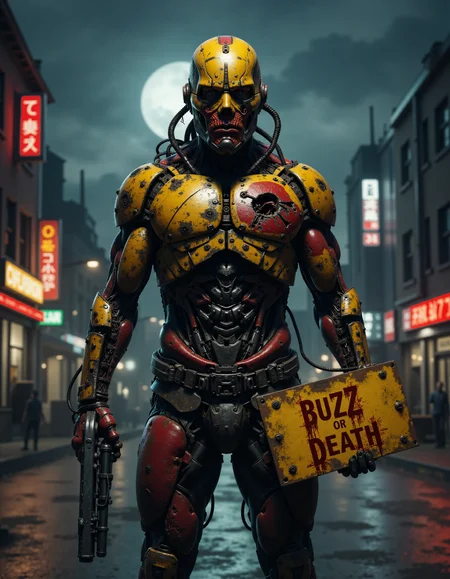 <lora:Cyborg:0.7> shredded flesh, exposed tendons, cybernetic veins.
<lora:Cyborg:1.2> biomechanical armor, rusted plating, dark cyberpunk horror.
CyborgX, a cybernetic humanoid figure, night cityscape backdrop,  heavy metal album art style.  Male figure,  adult,  muscular physique,  exposed musculature and skeletal structure.  Metallic-red and  yellow armor,  headgear with futuristic components.  Holding a futuristic weapon in one hand, a blood stained sign in the other hand that says ' BUZZ or Death'  and a intense and determined expression.  Urban night environment, buildings with neon signs,  city streets,  full of futuristic and metallic details.  Dramatic lighting emphasizing the figure's form. Dark and moody atmosphere.  Visible signs and shops, reflecting the city environment.  Full body shot,  dynamic pose,  action shot,  perspective from street level.  High detail, realistic rendering.  Realistic colors, metallic and flesh tones.  Electric-blue accents.  Heavy metal style,  futuristic and fantasy elements combined.  Night setting, moon visible.  Detailed city texture,  signs and lights.  Art Nouveau, Cyberpunk fusion style.