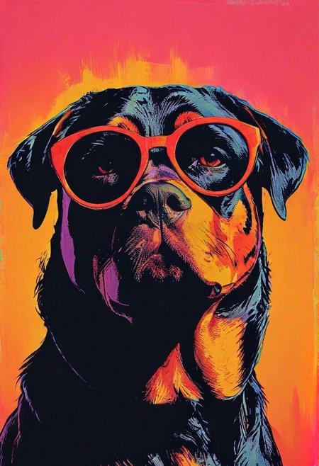 impactful color paint of, a Rottweiler wearing dark sunglasses, highly detailed, vibrant colors , 8k, sharp, professional, clear, high contrast, high saturated, , vivid deep blacks, crystal clear