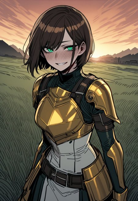ratatatat74, 1girl, adult, tall girl, (short hair, dark dark brown hair), side-swept hair, straight hair, highly detailed, high quality, detailed face, jade green eyes, detailed eyes, slim body, holding a flower
BREAK
yellow chrome armor, light armed, yellow chrome breast plate, sword belt
BREAK 
happy face, smiling brightly, eye smile, laughing, blush, facing the viewer
BREAK 
outdoors, green grass field, sunset, breeze, windy