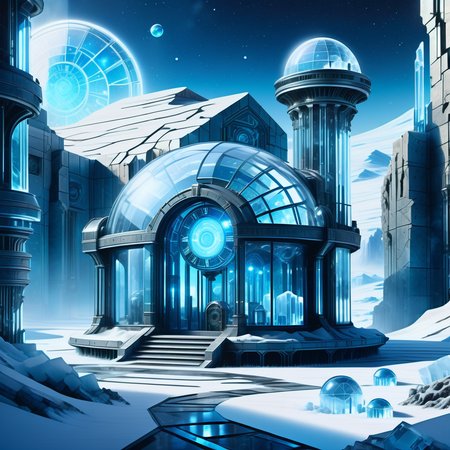 hyper detailed masterpiece, dynamic realistic digital art, awesome quality,DonMFr0stP4nkXL celestial time anomaly observatory, concrete tiles roof,rhyolite stone,composite materials, wall-mounted sconces, in-ground well lights,snow, ice  <lora:DonMFr0stP4nkXL-000006:1>