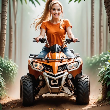 score_9, score_8_up, score_7_up, riqua (front view) , (slim 25yo female) riding a quad. orange shirt and jeans shorts, sneakers , long blonde ponytail  <lora:RideQuadPony:1>