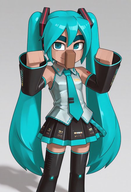 Minecraft_Villager, long nose, unibrow, 1girl, hatsune miku, blue eyes, blue hair, long hair, hatsune miku costume, cute pose