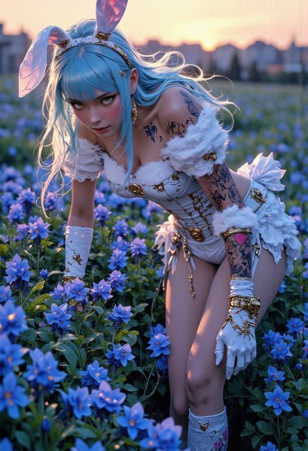 Youthful, natural skin, wearing a cute, elegant and cute bunny-themed outfit, featuring fluffy white bunny ears, a lace-up corset with fur accents, and plaid bows. She wears fishnet stockings with garter belts, lace gloves, and matching accessories. cinematic shot from a low angle masterpiece 30mm A close-up portrait extreme realistic depiction of a young japan woman with long, straight, vibrant blue hair styled with blunt bangs, pale skin, and delicate floral beautiful tattoos on her arms and legs. Her pose is playful and stylish, She Bent Over against a backdrop of a lush field filled with blue violets, adding a vibrant, natural touch. creating a soft, natural contrast to her outfit. The lighting is dramatic, highlighting the woman and violets field against the sunset background. The image is styled with a muted color palette, The image has a slightly desaturated, moody aesthetic, with soft lighting and a slightly blurry background. The overall aesthetic is ethereal and slightly melancholic yet intimate, reminiscent of fine art photography. High detail, cinematic lighting. (cinematic, film grain:1.1), The style is reminiscent of Japanese fashion photography. soft natural lighting, intricate details, detailed, high quality, 8k, style of Light painting, aidmaglow, cute face, seductive eyes, open mouth, smile, Expressiveh, (from above, upper body:1.2), her back facing the camera, ((from behind, ass focus, bent over)),
