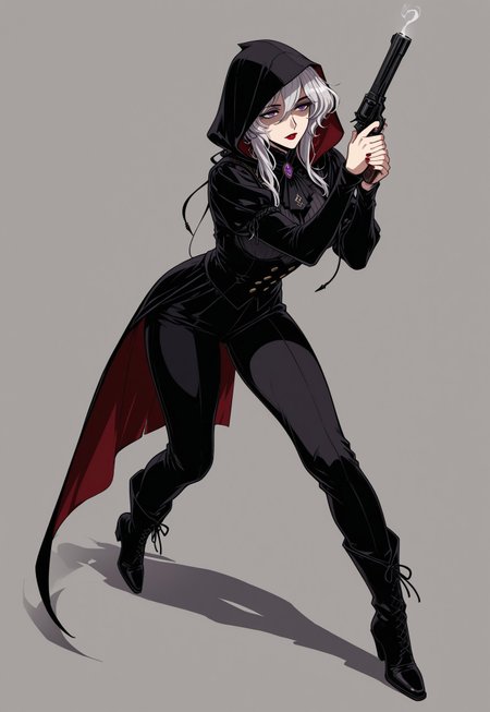ww1era, victorianera, 18cera, alone, solo, portrait, full body, simple background, gray background, simple floor, full body, retro style, woman, adult, adult woman, purple eyes, black cloack, hooded cloack, shadowey face, shadow face, narrow eyes, silver hair, red lipstick, black pants, black boots, silenced pistol, holding pistol, holding, sneaking pose, sneak posture
<lora:RavenScript :1>