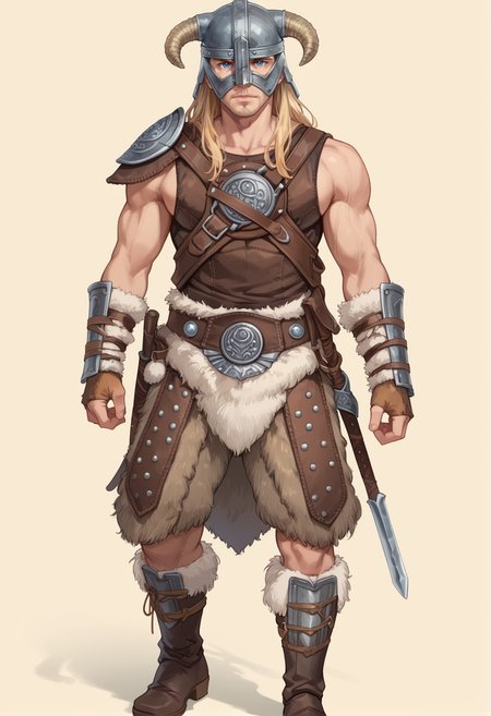 (score_9:0.9),score_8_up,score_7_up,rating_safe,anime style,(zPDXL),<lora:Dovahkiin Armor ponyXL v1.5:0.74>,dovahkiin armor,1boy,horned helmet,solo,long hair,blonde hair,blue eyes,brown gauntlets,brown knee boots,shoulder armor,looking at viewer,muscular male,