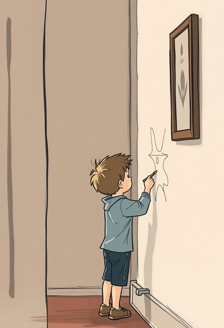 A boy secretly sketching on the wall while his parents are distracted, his cartoonish outline blending into an elegant, moody background reminiscent of a Whistler painting. The mix of humor and refined artistry makes the scene both lighthearted and sophisticated.
gentle nostalgia, soft impressionistic brushwork, expressive yet minimal linework, delicate tonal variations, muted color palette, subtle humor, sentimental storytelling, everyday domestic life, atmospheric elegance, painterly textures, warm and inviting compositions, sketch-like spontaneity, lighthearted yet sophisticated, harmonious color balance, intimate portraits, timeless simplicity, refined yet playful, cartoon realism, expressive character gestures