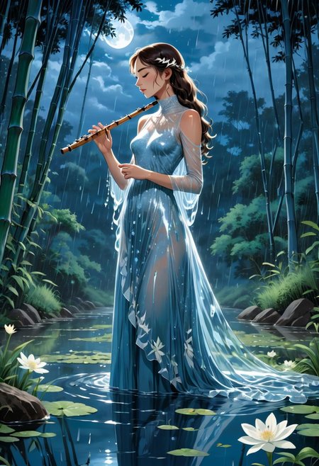 Studio Ghibli style, best quality, high resolution, 8k aesthetic, mesmerizing celestial moonlight, 
 a field of white flowers. stands a women in a blue dress playing a traditional blue bamboo flute. trees with white leaves rest in the background. the cloudy sky breaking to reveal the blue moon. rain is pouring across the landscape as heavy wind blows the white flowers that flood the ground. lightning strikes in the background directly  hyper realistic. Epic scene like a dream. Leaves are fluttering around the women. The flute letting out small musical notes that wrap around the female. The world is majestic with wildlife showing up to listen. Deer laying near by watching and listening to the female. As she stands on a river her dress made of beautifully detailed water. Bunnies rest by the river watching her. Beautiful masterpiece of art.. beautiful contrast of the light along the water which has an incredible reflection. she is playing the flute letting the notes come out of the flutes tip. standing on water. tiptoeing. closed eyes. dress made of water on the female. high aspect ratio. beautiful composition. detailed textures. realisitc. beautiful detailed moon. blowing into the flute.