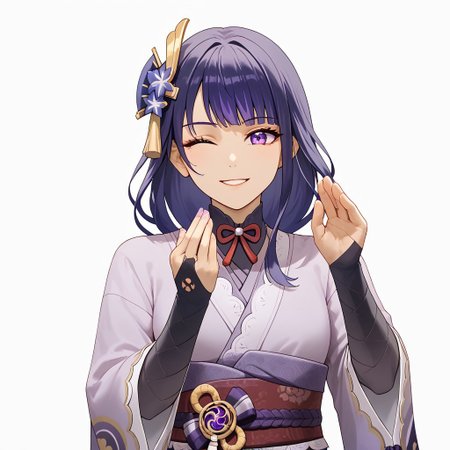score_9,score_8_up,score_7_up,<lora:raiden_shogun_pony:1>,1girl,raiden_shogun_ckxl,solo,smile,black_hair,long_hair,streaked_hair,two-tone_hair,sidelocks,hair_ornament,absurdres,highres,;\),blunt_bangs,bridal_gauntlets,commentary,long_sleeves,looking_at_viewer,low_ponytail,mitsudomoe_\(shape\),obiage,one_eye_closed,,short_kimono,shoulder_armor,simple_background,white_background,wide_sleeves, mammamia, pinched hand pose