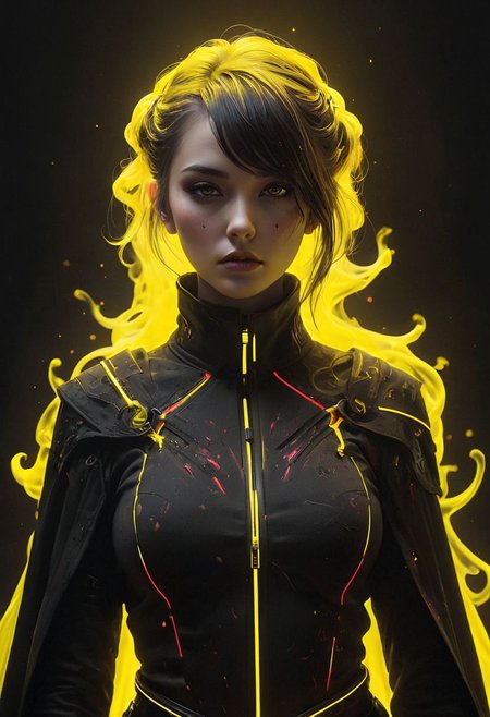 (star wars inquisitor:1.5), (circle hard powerful black white red yellow smoke fire neon:1.8), bdsm, collar cyberpunk Samurai jacket, (female, black pink slim skin:1.2), Large linen cape, (nice face, very angry:1.2), (bdsm harness, tight huge massive firm breasts:1.7), surrounded by a detailed spacescape with translucent dark-amber Highlights, (black neon, emissive), (yellow particules, hyper-detailed,:1.4) sharp, high resolution, high quality, 32K, Ultra realistic, HD, super detailed, line art, abstract style, (full body, shinny, wavy hair:1.3),
