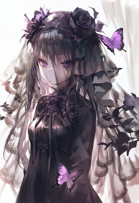 score_9, score_8_up, score_7_up, score_6_up, <lora:oninekoXL_TPN55_lokr_V43P1:0.95>   1girl, butterfly, bug, solo, veil, black flower, black rose, purple eyes, black hair, long hair, looking at viewer, upper body, flower, dress, black dress, purple butterfly, rose, closed mouth, hair ornament, hair flower, long sleeves, expressionless, white background, breasts, curtains
