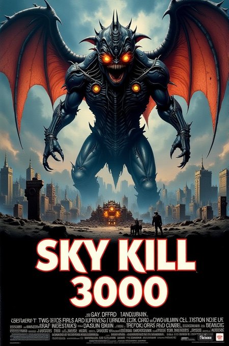 <lora:MoviePoster02-00_CE_FLUX_128AIT:1> mvpstrCE style  Display the text "Sky Kill 3000" on a movie poster.
 <lora:nytemare-creature:1> nytemare_creature on a centre. It is a massive cybernetic monster with flaming wings and glowing eyes rampages through a futuristic megacity, tearing buildings apart with its mechanical claws.